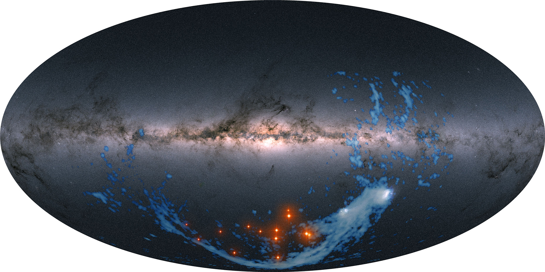 All-sky map of stars observed by the Gaia space observatory in 'galactic' coordinates, looking towards the center of the Milky Way. The neutral hydrogen gas of the Magellanic Stream is displayed in blue, spanning almost the entire southern sky. Red stars indicate the thirteen red giant stars identified by Chandra et al. to be members of the Magellanic Stellar Stream.Credit: Red giants: CfA/Vedant Chandra/Melissa Weiss. All-sky view: Gaia Data Processing and Analysis Consortium (DPAC); A. Moitinho/A. F. Silva/M. Barros/C. Barata, University of Lisbon, Portugal; H. Savietto, Fork Research, Portugal. Magellanic Stream data: D. Nidever et al., NRAO/AUI/NSF, Leiden-Argentine-Bonn Survey; Parkes, Westerbork, and Arecibo Observatories.