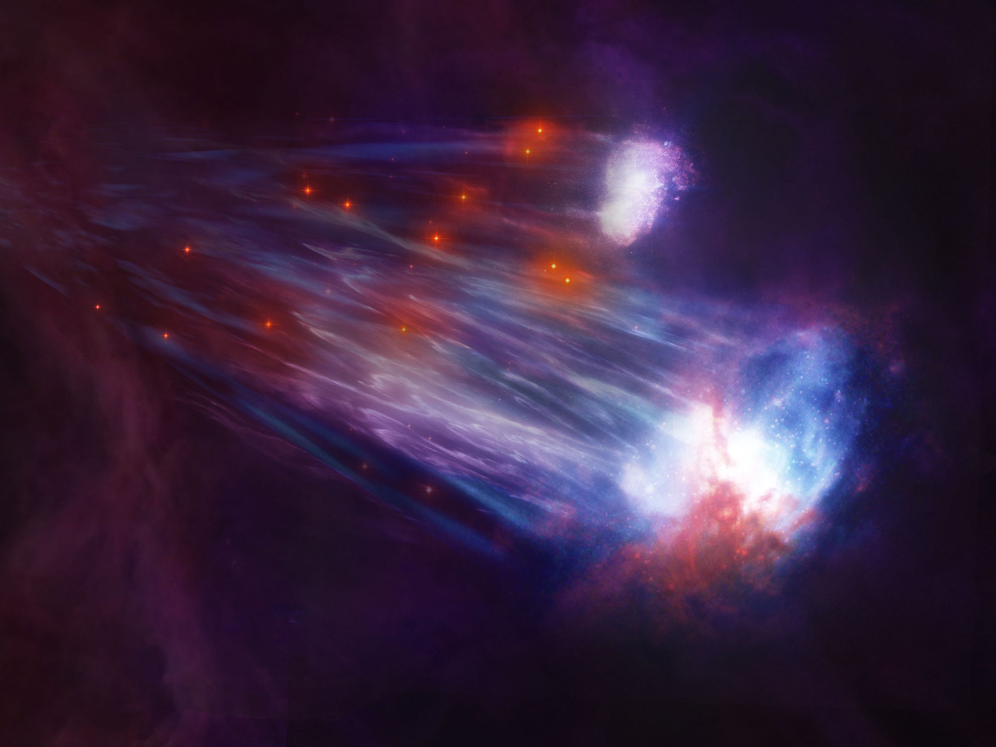 Artist's rendition of the Magellanic Stellar Stream. The Milky Way's nearest neighboring galaxies - the Small and Large Magellanic Clouds - are shown on the right side of the illustration. As these galaxies move to the right, the gaseous Magellanic Stream billows behind them, intertwining and stretching across the southern sky. The illustration also shows the 13 red giant stars discovered in the Magellanic Stellar Stream.