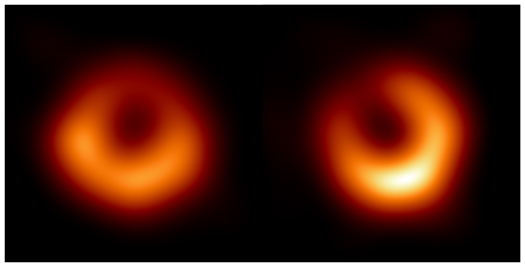 (Unlabeled image) The Event Horizon Telescope Collaboration has released new images of the supermassive black hole M87*, from observations taken in April 2018. These observations took place one year after the first observations in April 2017, and they include new participation from the Greenland Telescope. Analysis of the new data reveal a familiar bright ring of emission of the same size as was found in 2017. However, some of the ring features have changed so that its brightest part now appears shifted by about 30 degrees. The dark central region that is interior to the ring still remains as a signature of the supermassive black hole.