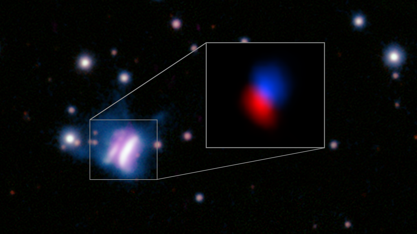 Unlabeled Pan-STARRS and SMA image with SMA image inset: The inset for this image shows compelling evidence that IRAS 23077 contains a planet-forming disk. Along with dust grains, the SMA can also observe the cold carbon monoxide gas that comprises the bulk of a planet-forming disk. By measuring its velocity structure and dividing this into "blue-shifted" and "red-shifted" components showing material moving towards us and away from us respectively, the team showed that the gas is rotating around the central star, as expected for a planet-forming disk.