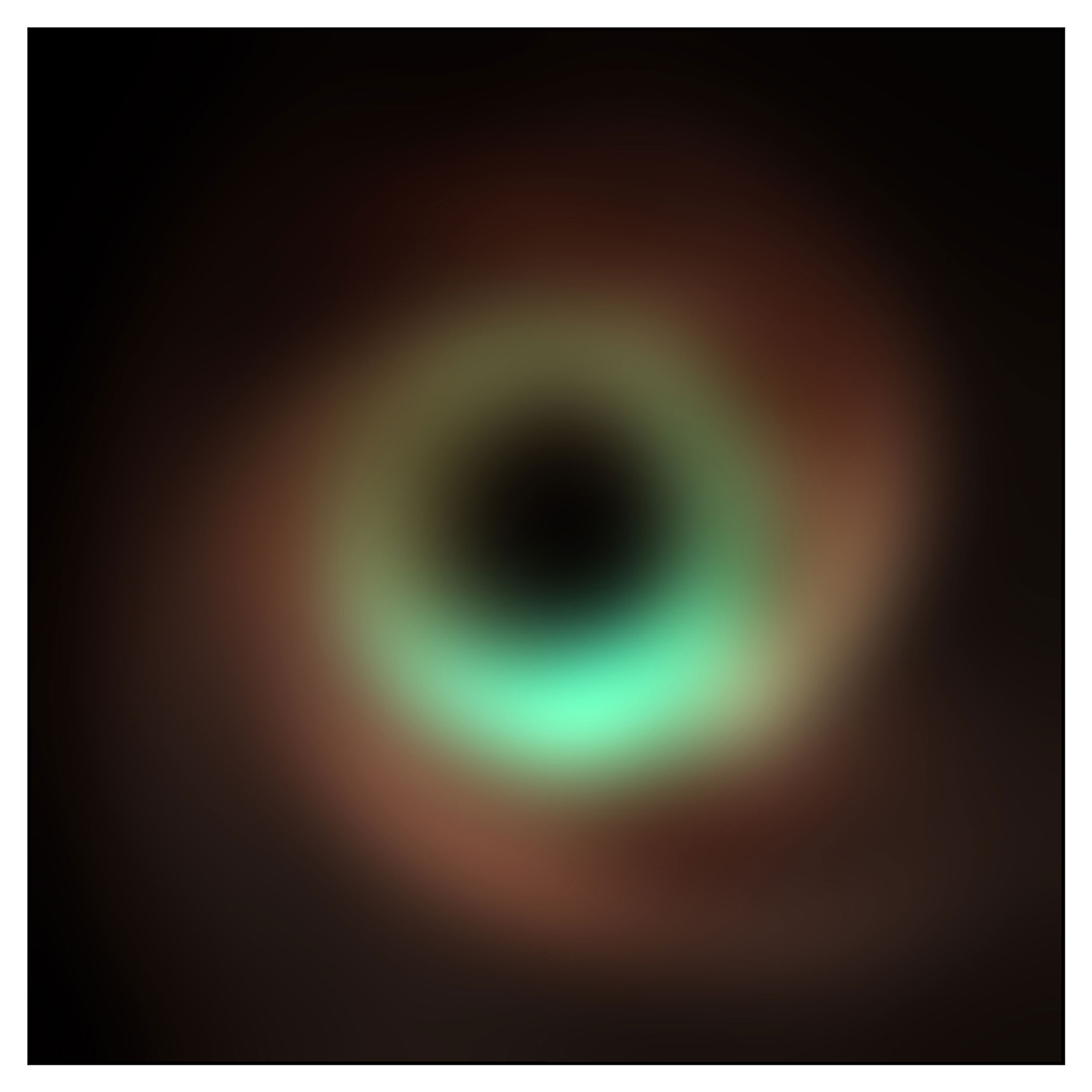 This simulated image shows how M87* is seen by the Event Horizon Telescope at 86 GHz (red), 230 GHz (green), and 345 GHz (blue). The higher the frequency, the sharper the image becomes, revealing structure, size, and shape that was previously less discernible.