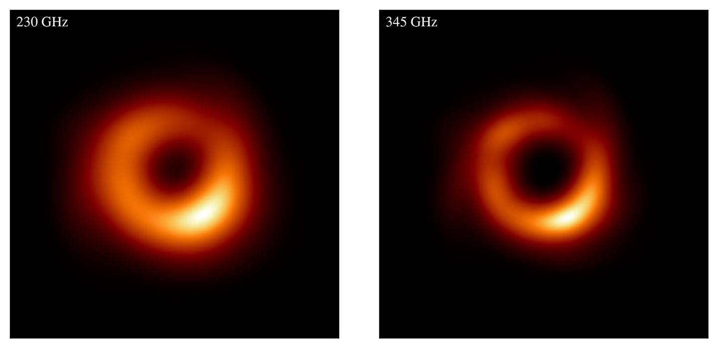 Side-by-side simulated images of M87* show the improvement in clarity and resolution from 230 GHz to 345 GHz. These improvements are allowing scientists to measure the size and shape of black holes more precisely.