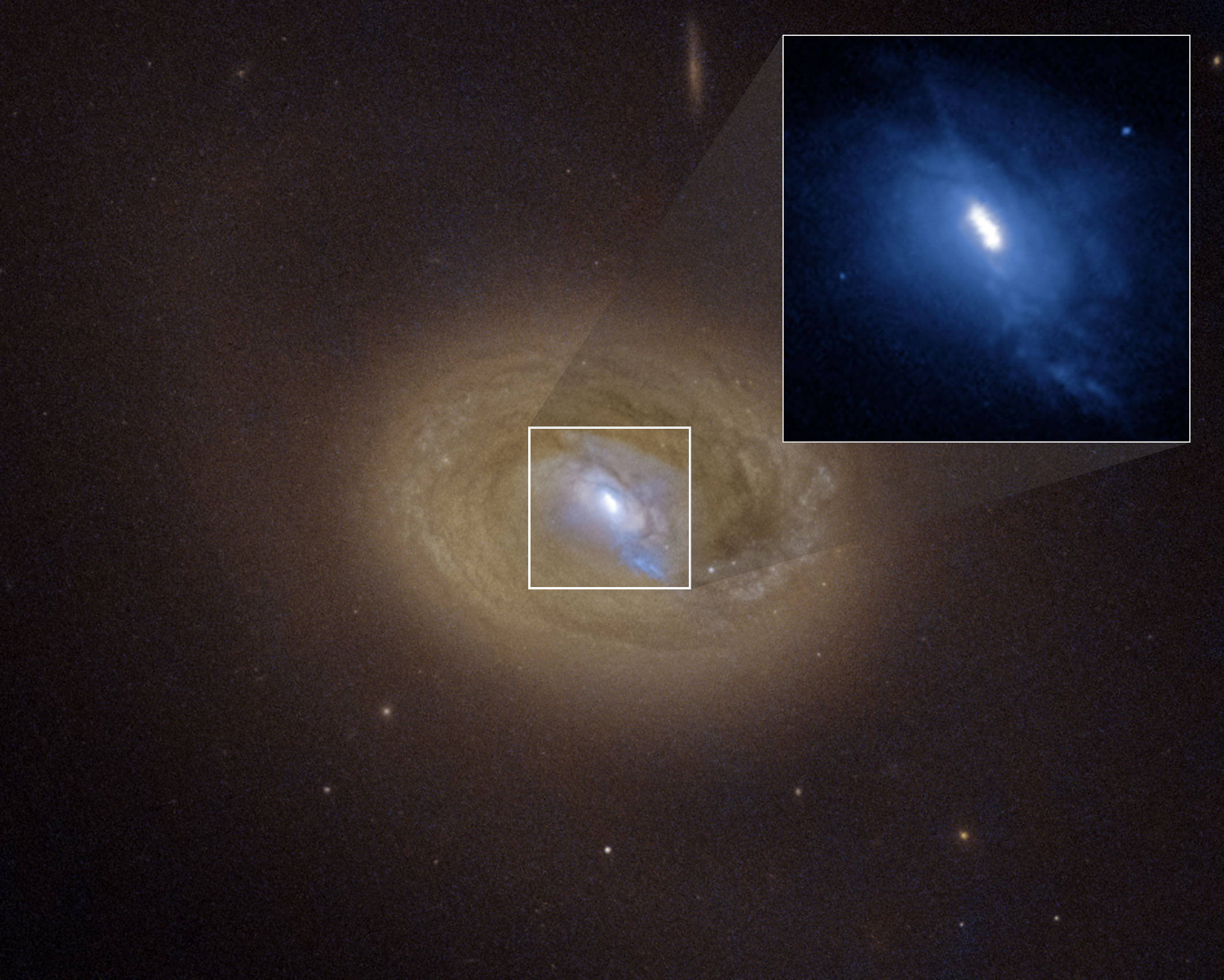 A Hubble Space Telescope visible-light image of the galaxy MCG-03-34-064. Hubble's sharp view reveals three distinct bright spots embedded in a white ellipse at the galaxy's center (expanded in an inset image at upper right). Two of these bright spots are the source of strong X-ray emission, a telltale sign that they are supermassive black holes. The black holes shine brightly because they are converting infalling matter into energy, and blaze across space as active galactic nuclei. Their separation is about 300 light-years. The third spot is a blob of bright gas. The blue streak pointing to the 5 o'clock position may be a jet fired from one of the black holes. The black hole pair is a result of a merger between two galaxies that will eventually collide. 