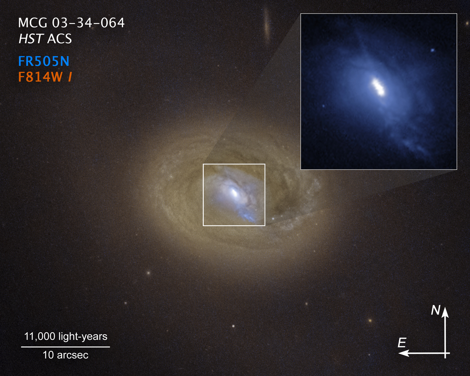 Image titled "MCG-03-34-064, HST ACS" with color key, scale bar, and compass arrows. A Hubble Space Telescope visible-light image of the galaxy MCG-03-34-064. Hubble's sharp view reveals three distinct bright spots embedded in a white ellipse at the galaxy's center (expanded in an inset image at upper right). Two of these bright spots are the source of strong X-ray emission, a telltale sign that they are supermassive black holes. The black holes shine brightly because they are converting infalling matter into energy, and blaze across space as active galactic nuclei. Their separation is about 300 light-years. The third spot is a blob of bright gas. The blue streak pointing to the 5 o'clock position may be a jet fired from one of the black holes. The black hole pair is a result of a merger between two galaxies that will eventually collide.