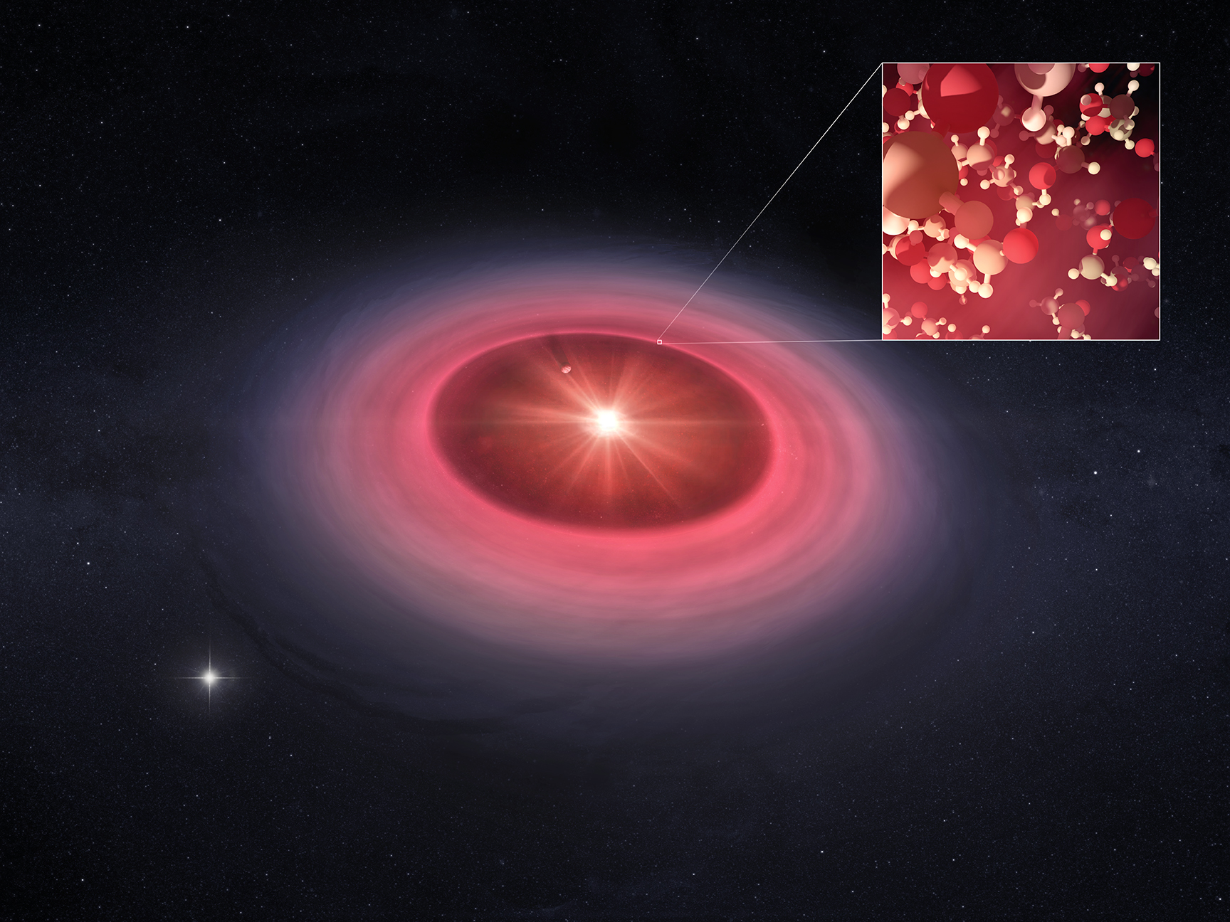 This artist's conception shows a disk of dust and gas surrounding a young star with a large cavity carved out by a forming giant planet. The warm methanol gas tracing the dust cavity wall is highlighted. These molecules originate from ices rich in organic matter that are heated by radiation from the star, forming gas. The detection of methanol, as well as the methanol isotopes, supports the idea that interstellar ices can survive the formation of planet-forming disks.Credit: CfA/M. Weiss