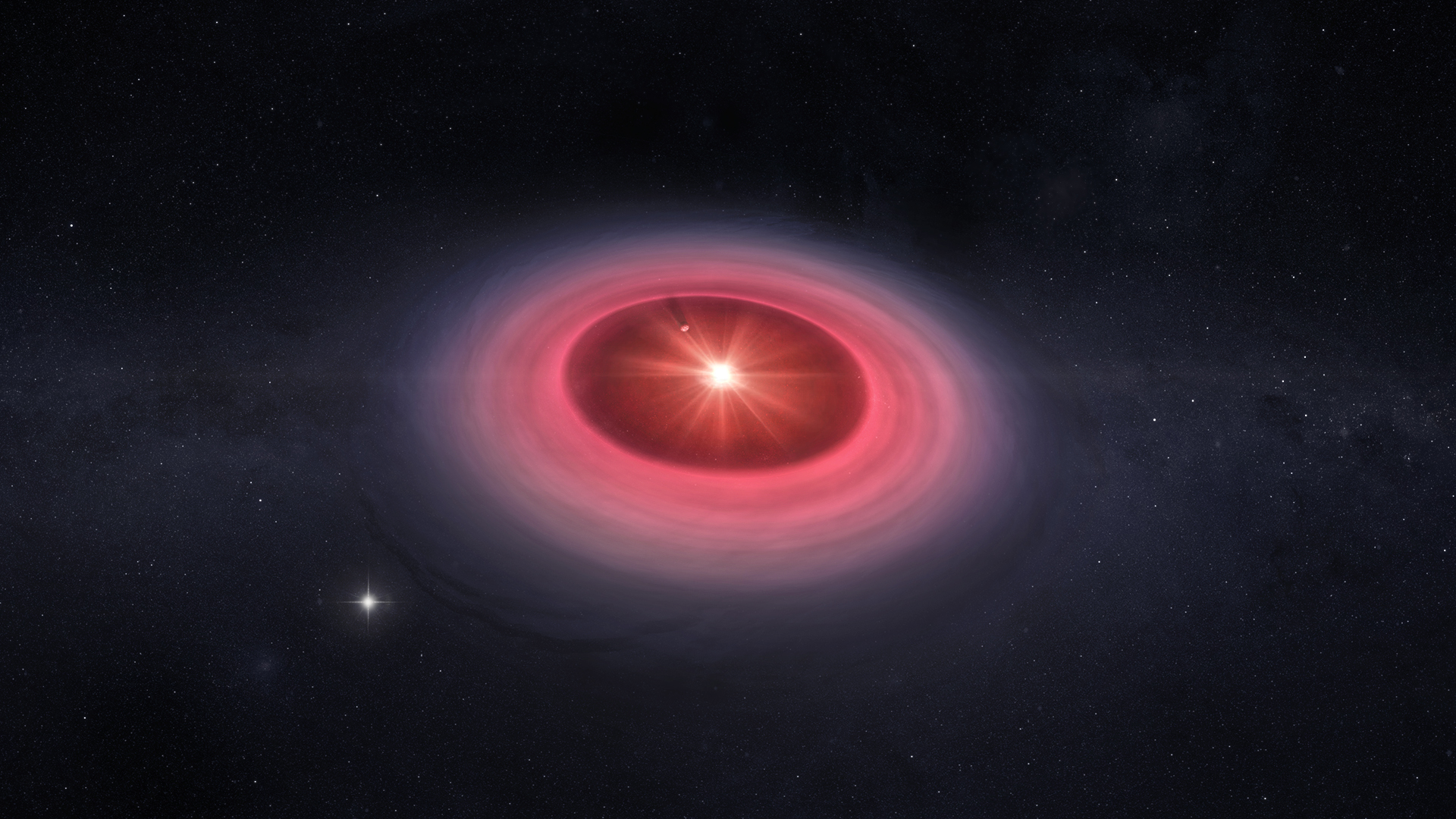 This artist's conception shows a disk of dust and gas surrounding a young star with a large cavity carved out by a forming giant planet. The warm methanol gas tracing the dust cavity wall is highlighted. These molecules originate from ices rich in organic matter that are heated by radiation from the star, forming gas. The detection of methanol, as well as the methanol isotopes, supports the idea that interstellar ices can survive the formation of planet-forming disks.Credit: CfA/M. Weiss