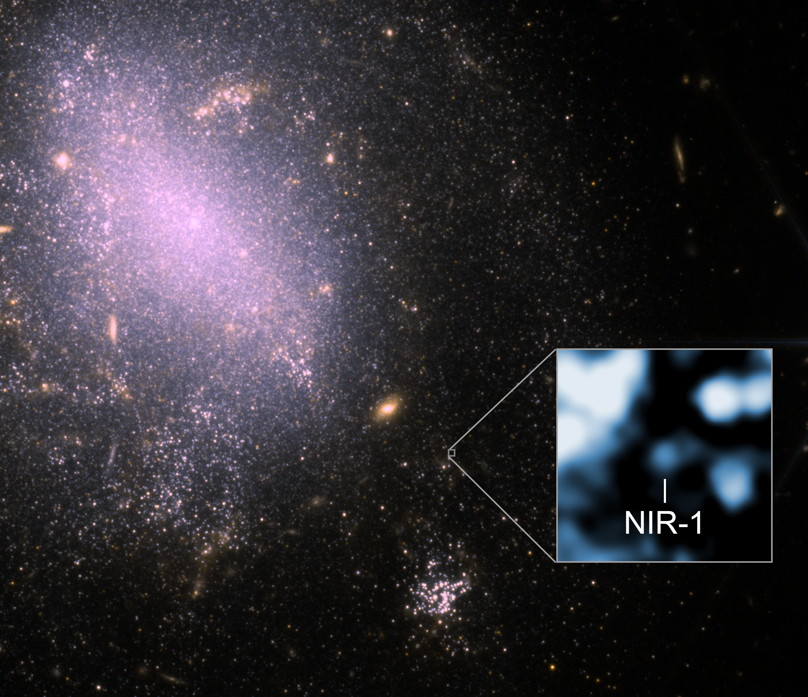 A James Webb Space Telescope (JWST) infrared image of the galaxy NGC 4141 containing the fast radio burst FRB 20250316A. This FRB was discovered March 16, 2025 using the CHIME Outrigger array. The inset shows a tiny area of the galaxy containing the FRB’s precise location, revealing the faint infrared source, NIR-1. This may be the binary companion of a neutron star that produced the FRB or fading light from an energetic outburst that produced the FRB. If NIR-1 is unrelated to the FRB, the young massive stars surrounding the FRB location also point to a neutron star origin.Credit: NASA/ESA/CSA/CfA/P. Blanchard et al.; Image processing: CfA/P. Edmonds