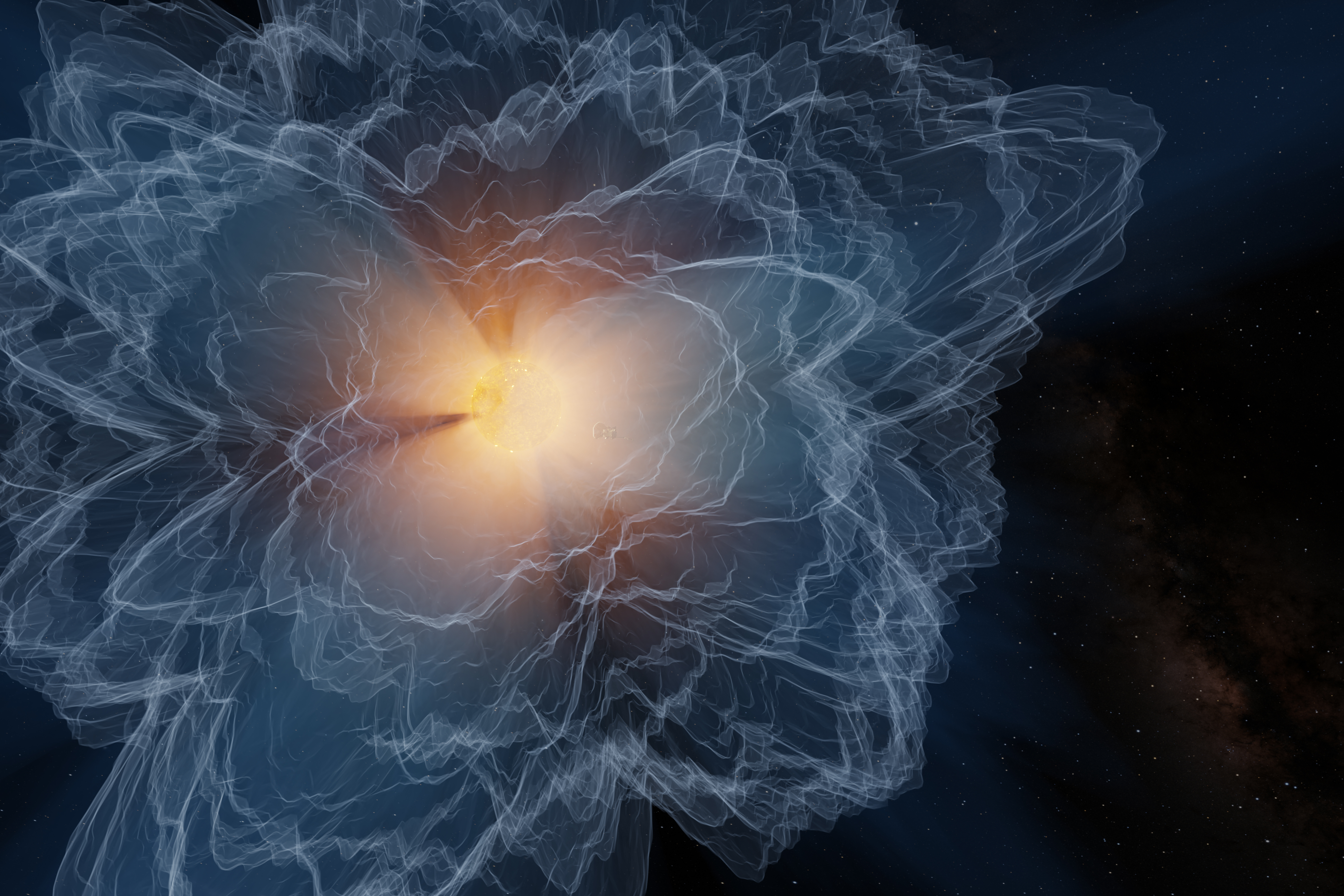 This artist's conception shows the boundary in the Sun's atmosphere where the speed of the outward solar wind becomes faster than the speed of magnetic waves. The area appears to shift between spiky and frothy, and is the point of no return for material that escapes the Sun's magnetic grasp. Deep dives into the Alfvén surface using NASA's Parker Solar Probe combined with far-away measurements, have allowed scientists to track the evolution of this structure throughout the solar cycle and produce a map of this previously uncharted territory.