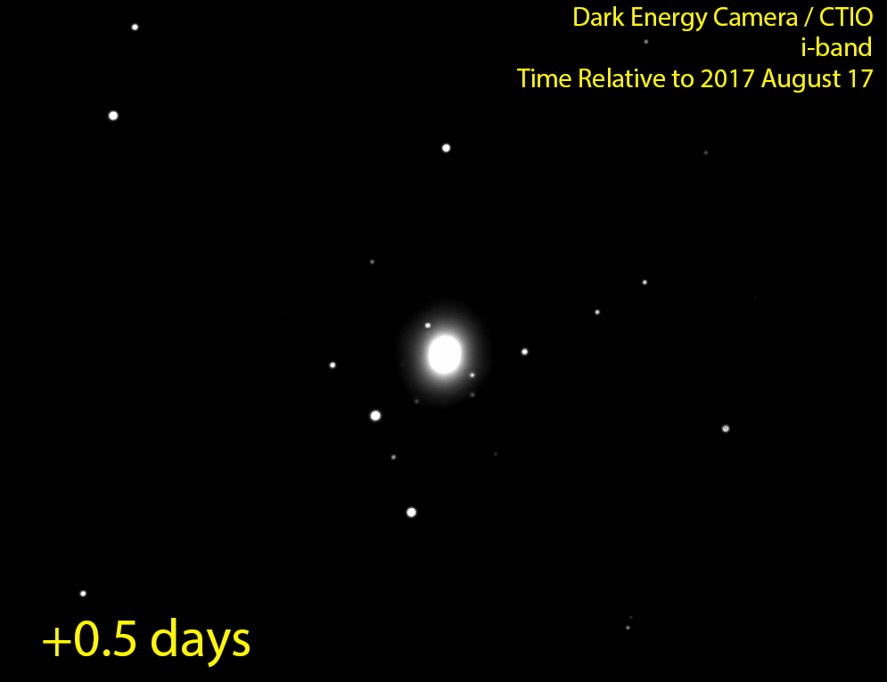 This movie, created using a sequence of i-band images obtained through our program with the Dark Energy Camera, demonstrates the rapid fading of the optical counterpart to GW170817. At twelve hours, the point source in the top left of the galaxy is clearly visible, but has almost completely faded away just a week later.