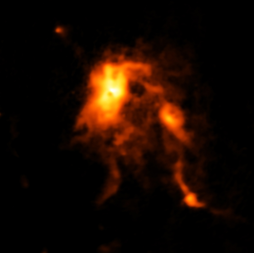 ALMA image of the glowing dust inside NGC 6334I, a protocluster containing an infant star that is undergoing an intense growth spurt, likely triggered by an avalanche of gas falling onto its surface.