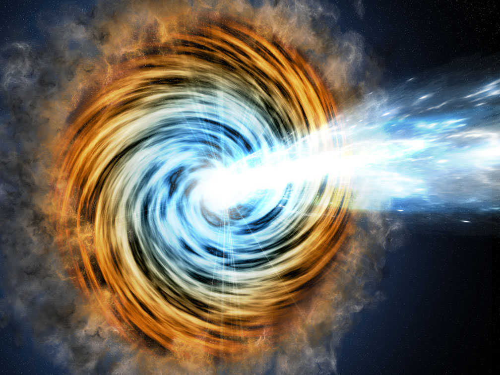 This artist's conception shows a blazar – the core of an active galaxy powered by a supermassive black hole. The VERITAS array has detected gamma rays from a blazar known as PKS 1441+25. Researchers found that the source of the gamma rays was within the relativistic jet but surprisingly far from the galaxy's black hole. The emitting region is at least a tenth of a light-year away, and most likely is 5 light-years away.