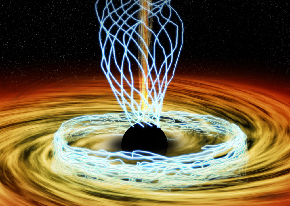 In this artist's conception, the black hole at the center of our galaxy is surrounded by a hot disk of accreting material. Blue lines trace magnetic fields. The Event Horizon Telescope has measured those magnetic fields for the first time with a resolution six times the size of the event horizon (6 Schwarzschild radii). It found the fields in the disk to be disorderly, with jumbled loops and whorls resembling intertwined spaghetti. In contrast, other regions showed a much more organized pattern, possibly in the region where jets (shown by the narrow yellow streamer) would be generated.