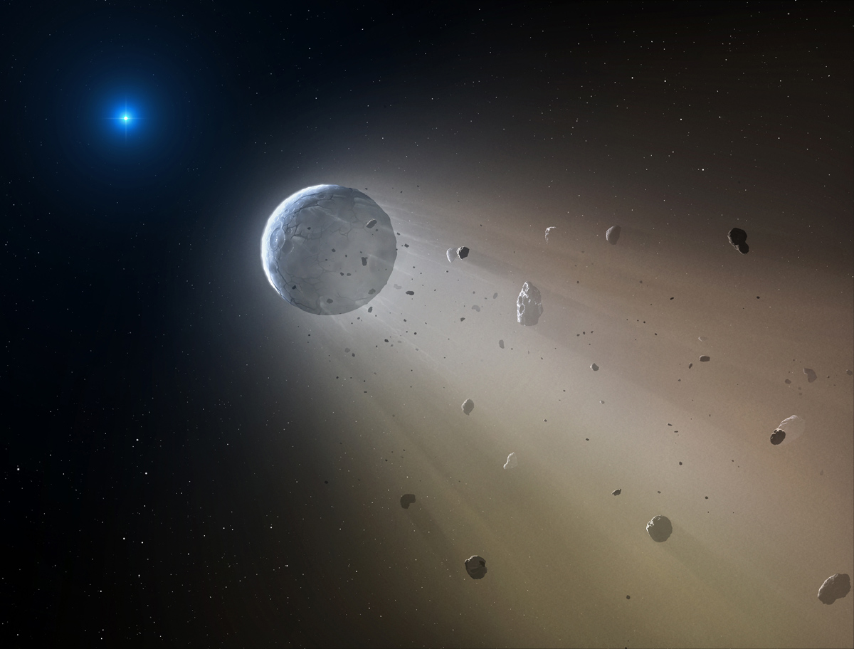 In this artist's conception, a Ceres-like asteroid is slowly disintegrating as it orbits a white dwarf star. Astronomers have spotted telltales signs of such an object using data from the Kepler K2 mission. It is the first planetary object detected transiting a white dwarf. Within about a million years the object will be destroyed, leaving a thin dusting of metals on the surface of the white dwarf.