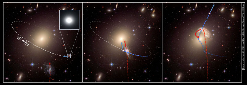 This schematic illustrates the creation of a runaway galaxy. In the first panel, an "intruder" spiral galaxy approaches a galaxy cluster center, where a compact elliptical galaxy (cE) already revolves around a massive central elliptical galaxy. In the second panel, a close encounter occurs and the compact elliptical receives a gravitational kick from the intruder. In the third panel, the compact elliptical escapes the galaxy cluster while the intruder is devoured by the giant elliptical galaxy in the cluster center.