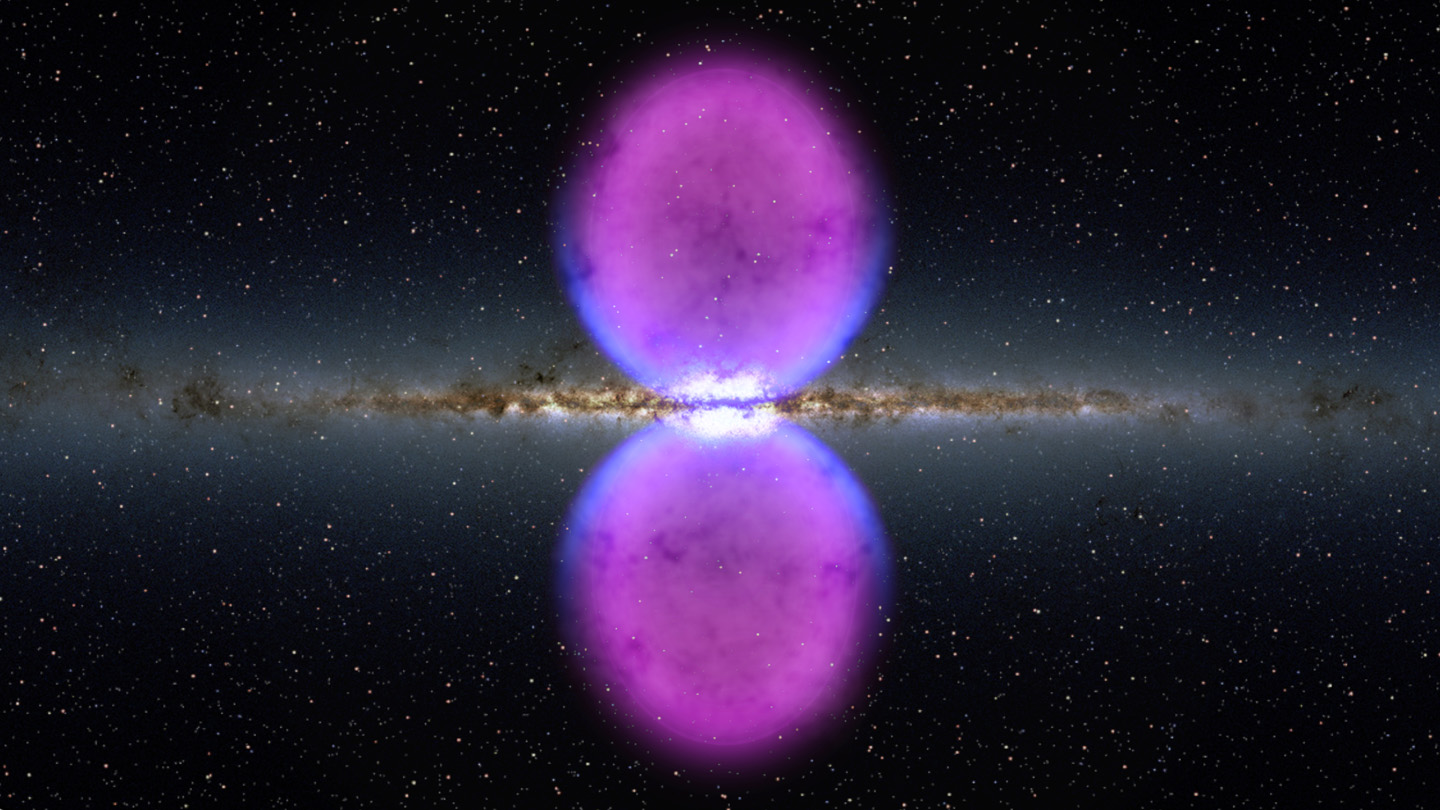 From end to end, the newly discovered gamma-ray bubbles extend 50,000 light-years, or roughly half of the Milky Way's diameter, as shown in this illustration. Hints of the bubbles' edges were first observed in X-rays (blue) by ROSAT, a Germany-led mission operating in the 1990s. The gamma rays mapped by Fermi (magenta) extend much farther from the galaxy's plane.