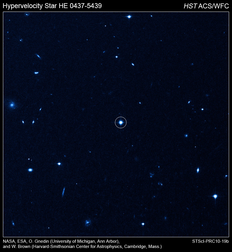 This NASA Hubble Space Telescope image shows the hypervelocity star that was kicked out of the center of our Milky Way galaxy with enough energy to escape the galaxy's gravitational grip. Dubbed HE 0437-5439, the stellar speedster may have been a member of a triple-star system and was jettisoned from the galaxy by the monster central black hole. Hubble's Advanced Camera for Surveys made this observation on July 8, 2006, in near-infrared light.