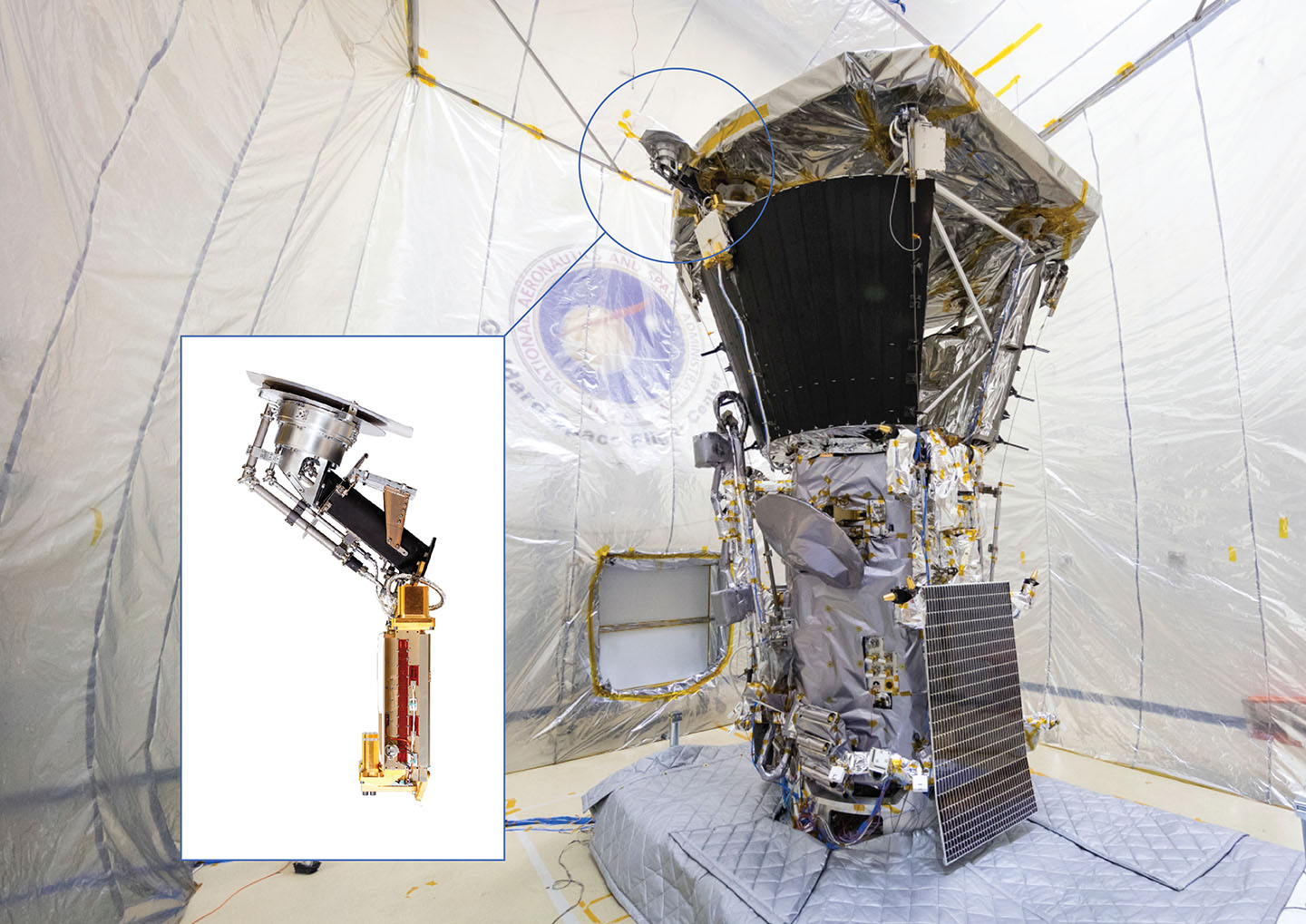 PSP in the clean room, with a close-up view of the SPC in the inset. The location of the SPC on the probe, as it peers around the heat shield, is also shown.