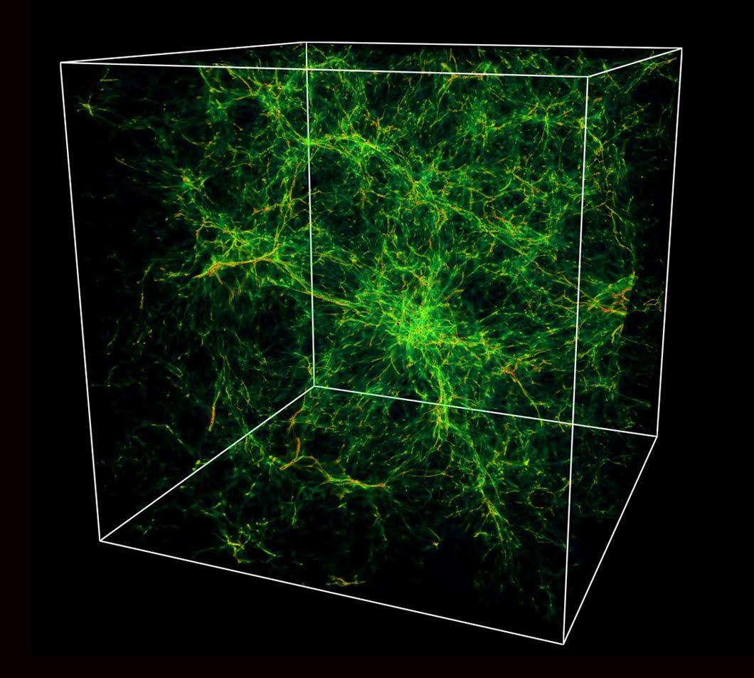 This figure shows the filamentary structure of the hot gas that represents part of the warm-hot intergalactic medium (WHIM). It is based on a simulation extending over more than 200 million light years. The red and orange regions have the highest densities & the green regions have lower densities.
