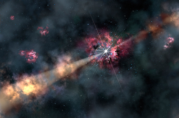 This artist's illustration depicts a gamma-ray burst illuminating clouds of interstellar gas in its host galaxy. By analyzing a recent gamma-ray burst, astronomers were able to learn about the chemistry of a galaxy 12.7 billion light-years from Earth. They discovered it contains only one-tenth of the heavy elements (metals) found in our solar system.