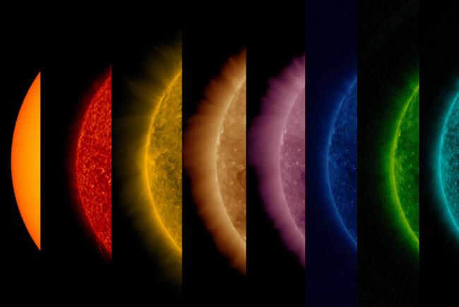 multiple images of the Sun taken in different types of light at the same time by the Solar Dynamics Observatory