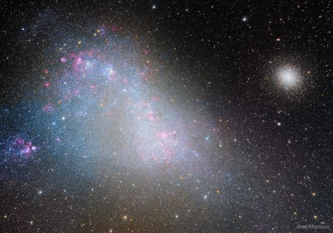 A photograph of the Small Magellanic Cloud, a nearby dwarf galaxy that is merging with the Milky Way.