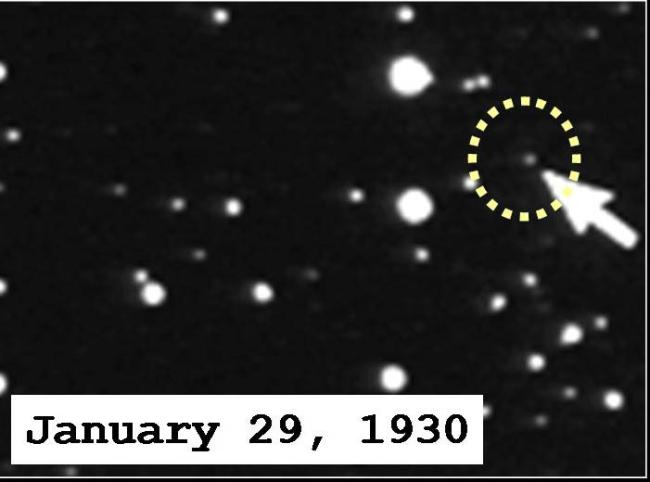 The discovery photograph of Pluto found by Clyde W. Tombaugh of Lowell Observatory in 1930.