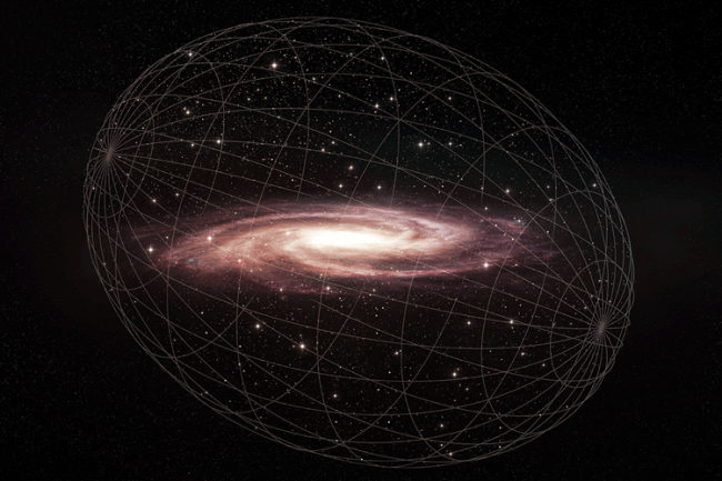 Astronomers have discovered that the Milky Way galaxy's stellar halo -- a cloud of diffuse stars around all galaxies -- is zeppelin-shaped and tilted. This artist's illustration emphasizes the shape of the three-dimensional halo surrounding our galaxy.