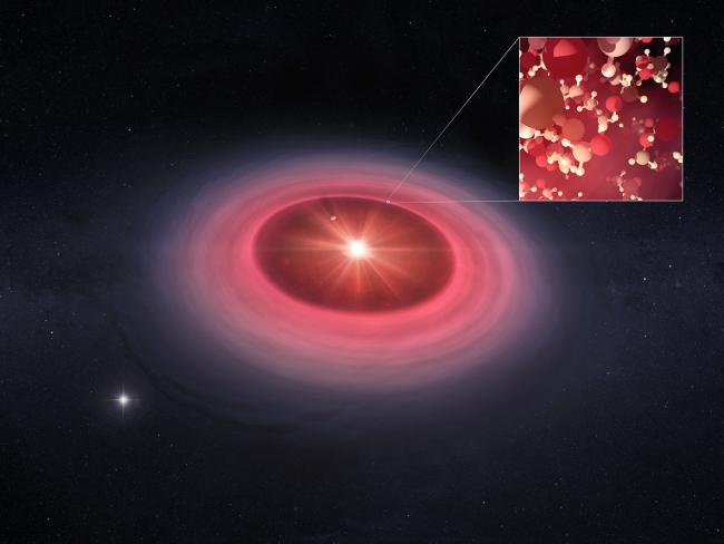 This artist's conception shows a disk of dust and gas surrounding a young star with a large cavity carved out by a forming giant planet.
